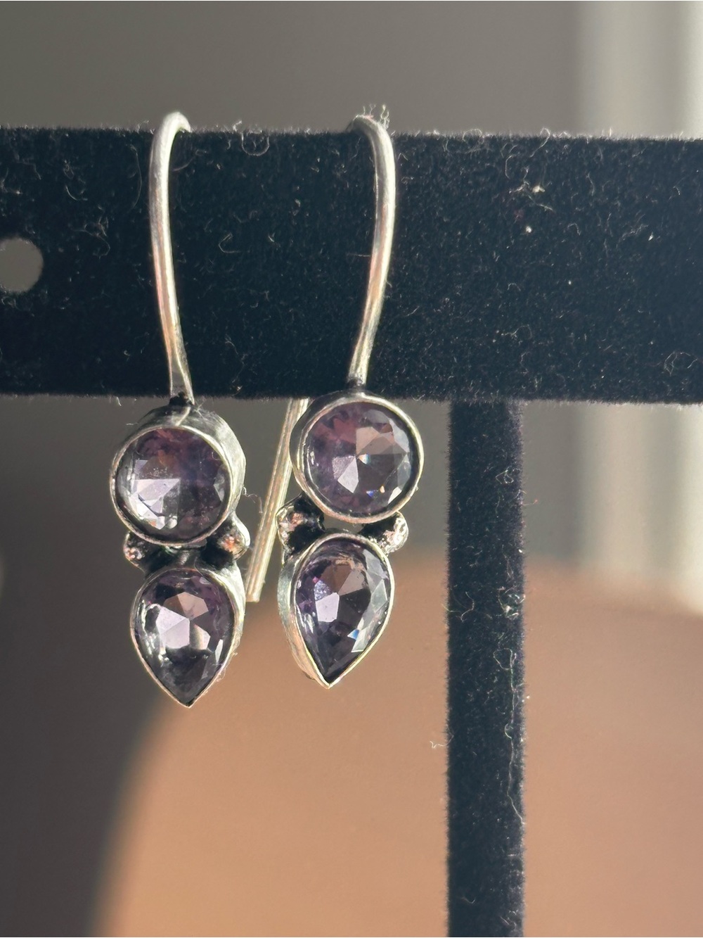 Sterling Silver Drop Earrings with Faceted Amethyst Round Teardrop Pear Cuts